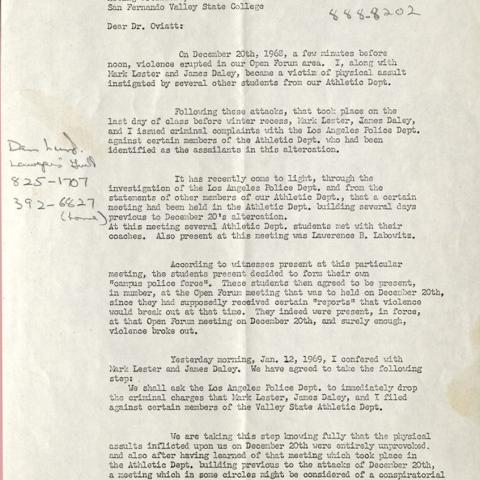 Page 1 of letter to Acting Campus President Delmar T. Oviatt, January 20, 1969
