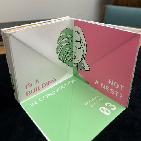 unfolded Turkish fold pages with illustration of half a monstera plant and half a woman’s face; Bloom: a duality by Kayla Kaniel, N7433.4.K36 B56 2019