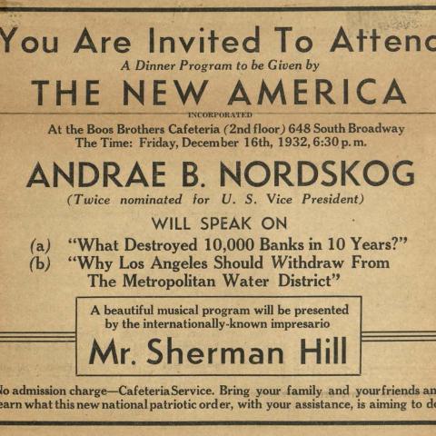Announcement for Andrae B. Nordskog's The New America dinner program, The Gridiron, volume 7, number 1, page 5, December 16, 1932