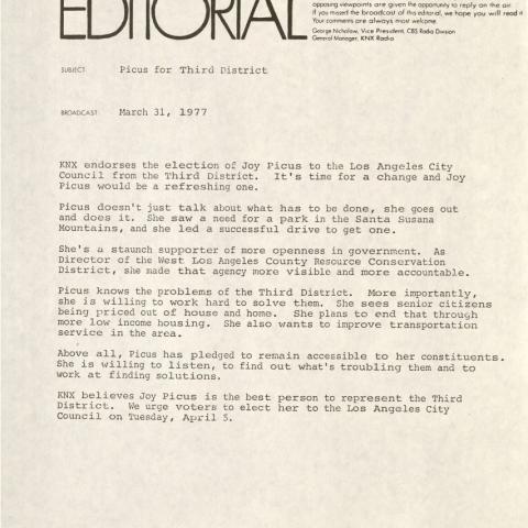 KNX Newsradio endorsement, March 1977