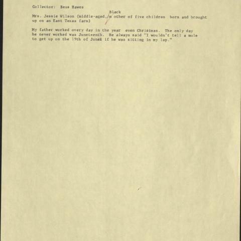 Introduction to a transcript of an interview Bess Hawes had with a black student, Jessie Wilson, on the folk songs she learned from her family, URB.BLH, Box 19, Folder 5. 
