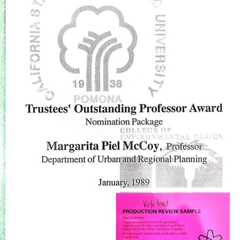 Nomination package for Trustees’ Outstanding Professor Award, 1989. Box 3, folder 2.