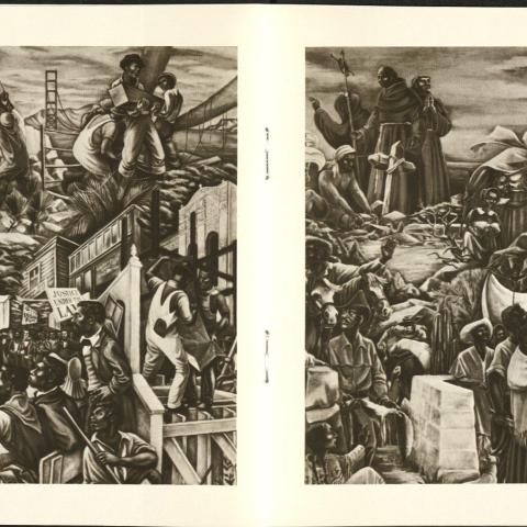 Two mural panels honoring the contribution of Black Americans, Golden State Mutual Life Insurance building, Nd. , Kistler Printing and Lithography Collection