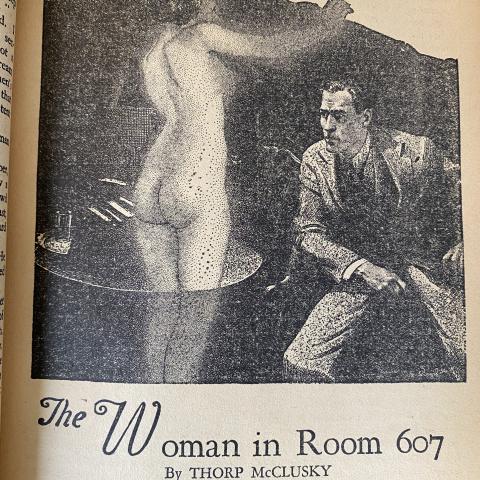 Illustration from "The Woman in Room 607" in Weird Tales Volume 29, Number 1 where we see more fetishization of the female body.
