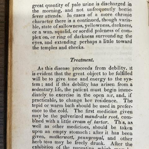 Mention of “exercise in the open air” as a treatment for menstruation in Menstruation from The Married Woman’s Private Medical Companion,RG121 .M38 1848