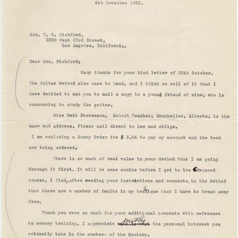 Letter to Vahdah Olcott-Bickford from Dr. T. R. Ross, describing the value of her method