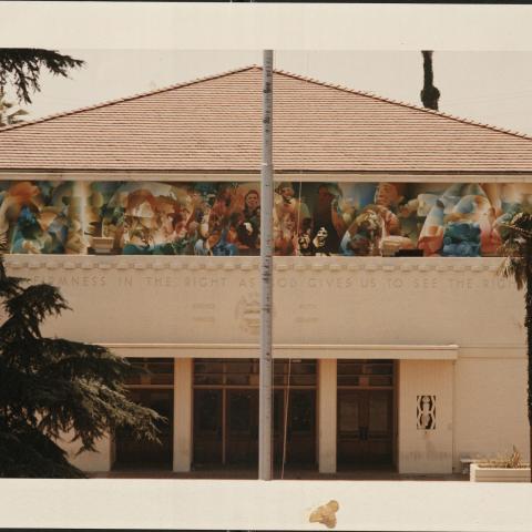 MEChA 20th Anniversary Mural by Roberto Delgado, at Lincoln High School, 1990, Rodolfo F. Acuña Collection