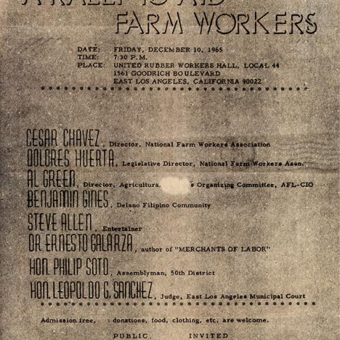 Flier for Farmworkers rally with Cesar Chavez and Dolores Huerta among the scheduled speakers. Millie Moser Smith papers