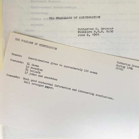 The professor’s comment card on Catherine Groomer’s student paper, The Folklore of Menstruation, Bess Lomax Hawes Student Folklore Collection, Box 10 Folder 23