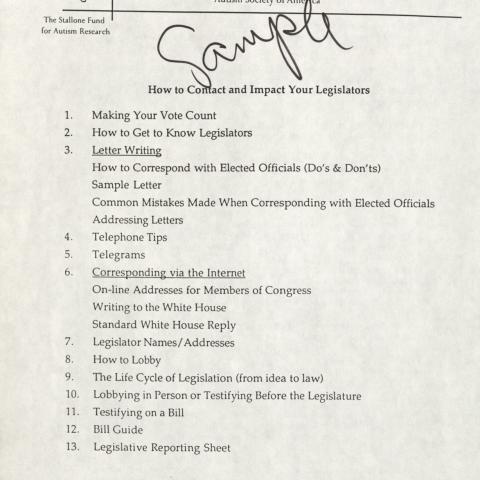 Work by the Autism Society of Los Angeles heavily focused on legislation. Among the many tools used by the organization was lobbying elected officials. This table of contents reveals some of the strategies they deployed.