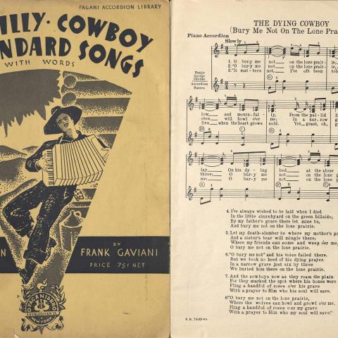 Cover and musical score, "The Dying Cowboy," Hill Billy, Cowboy and Standard Songs, with Words: For the Piano Accordion