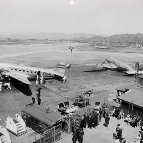 Lockheed Air Terminal, East passenger concourse with TWA and American Airlines DC-3 aircraft, 1945