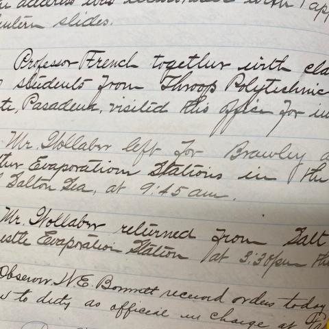 An entry in the Los Angeles Logbook noting Mr. Wollaber departure for Brawley to help shut it down, SC.LAWS