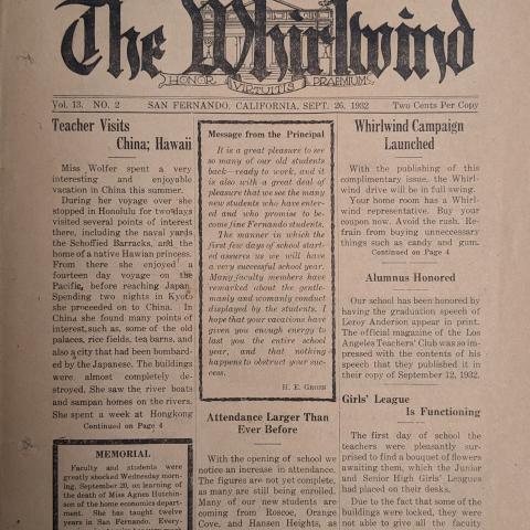 The Whirlwind front page, September 26, 1932, Baldwin-Shaffner Family Collection
