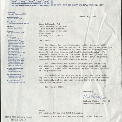 Forum on AIDS correspondence, 1984. Vern L. Bullough Papers