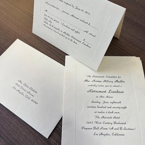 Invitation to Norma Madkim’s retirement luncheon, 1978, Jack Davis Photograph Collection, Box 17 Folder 6.