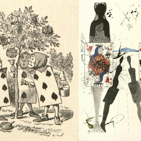Side-by-side, John Tenniel and Salvador Dalí’s drawing from chapter 8, The Queen’s Croquet Grounds in Alice‘s Adventures in Wonderland