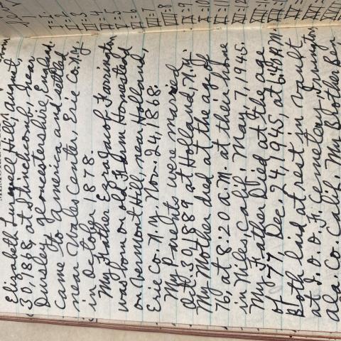 Short family genealogical history from the back of Lowry's five-year diary