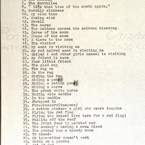List of menstruation terminology, on Catherine Groomer’s student paper, The Folklore of Menstruation, Bess Lomax Hawes Student Folklore Collection, Box 10 Folder 23