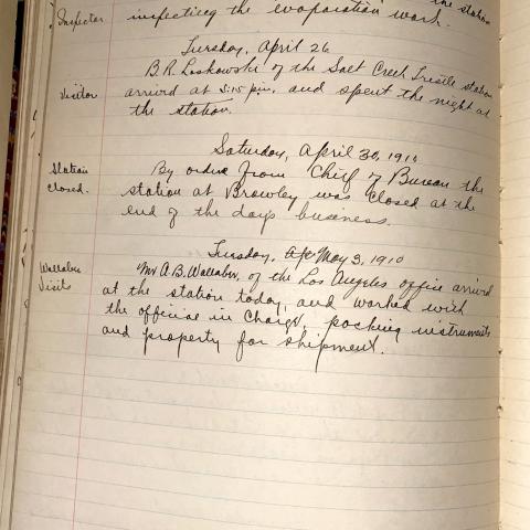 An entry in the Brawley Logbook noting Mr. Wollaber's help in closing down the station, SC.BWSL