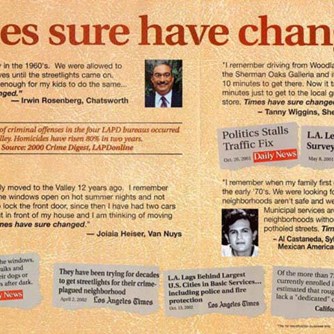 Flier with quotes from the community and local press regarding dissatisfaction with Los Angeles services and intended to produce support for San Fernando Valley cityhood, circa 2000. Valley Voters Organized Toward Empowerment (VOTE) Collection