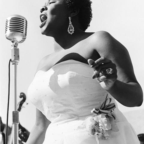Dinah Washington singing at Wrigley Field, Los Angeles, 1950.