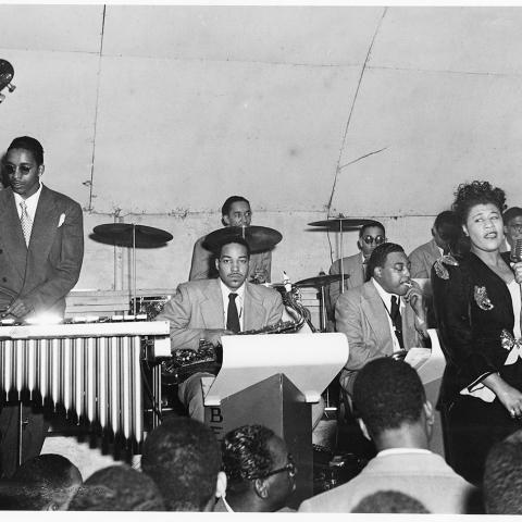 Dizzy Gillespie Orchestra with Ray Brown, Ella Fitzgerald, Milt Jackson, Joe Harris (drums), and John Brown on sax, Detroit, 1946.