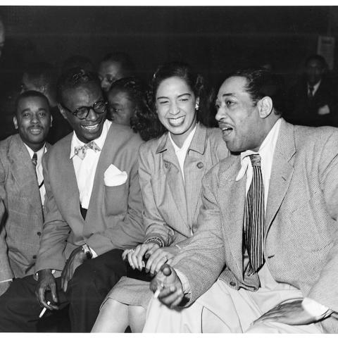 Duke Ellington, Nat Cole, Marie Ellington, Jimmie Hamilton, and Harry Carney and the Shrine Auditorium, Los Angeles, 1949.