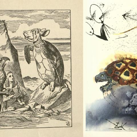 Side-by-side, John Tenniel and Salvador Dalí’s drawing from chapter 9, The Mock Turtle’s Story in Alice‘s Adventures in Wonderland