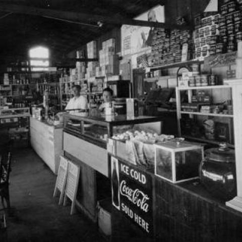Perryman's Store, Foothill Boulevard and Los Angeles Street, with Claude Lee Perryman (1884-1963) and Eugenia Inez Perryman (1890-1954),Tujunga, 1924 (interior), ID: LLHS72