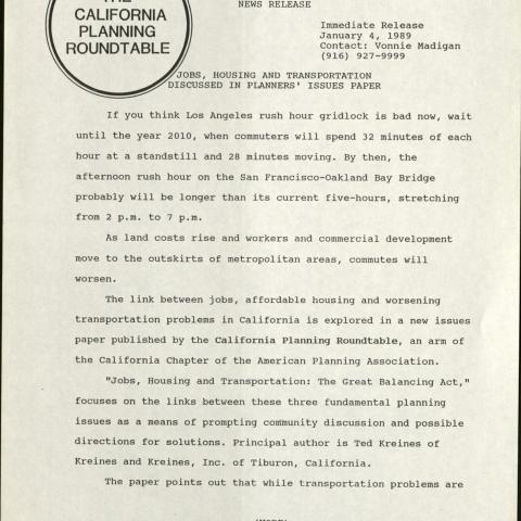 Jobs, Housing and Transportation Discussed in Planners' Issues Paper, California Planning Roundtable news release, 1989