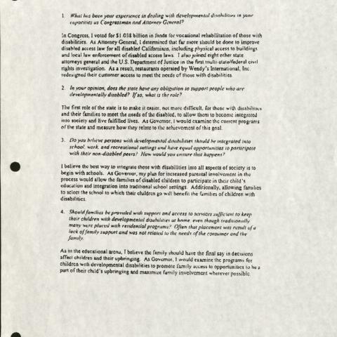This questionnaire serves as a testament to the political reach of the Autism Society of Los Angeles. It was created for candidates in the 1998 gubernatorial race in California