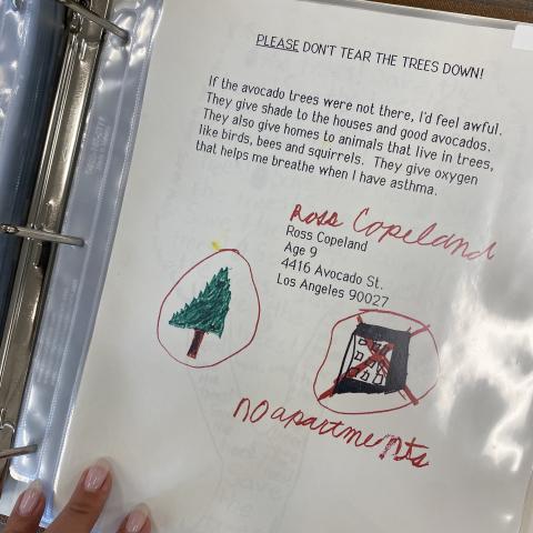 Letter from a neighborhood child calling for the preservation of the trees