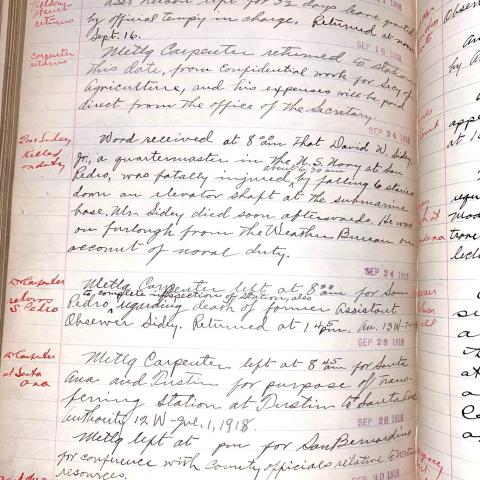 An entry in the Los Angeles Logbook noting the death of David Sidey, SC.LAWS
