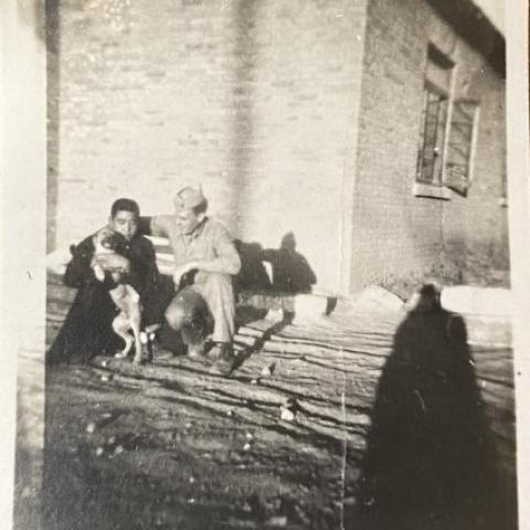 Fred Pudos, an unnamed boy, and dog Butch, 1946-1947, Fred M. Greguras Papers