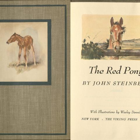 The Red Pony by John Steinbeck, with Illustrations by Wesley Dennis, first illustrated edition. Hardback front cover and title page, 1945