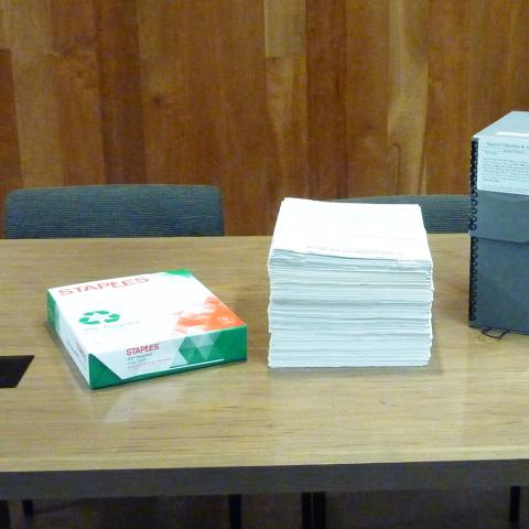 Our holdings of Rice Paper laid out on a table.  For comparison, a ream of paper is on the left with the two archival boxes on the right.   Our holdings of Rice Paper laid out on a table.  For comparison, a ream of paper is on the left with the two archival boxes on the right.