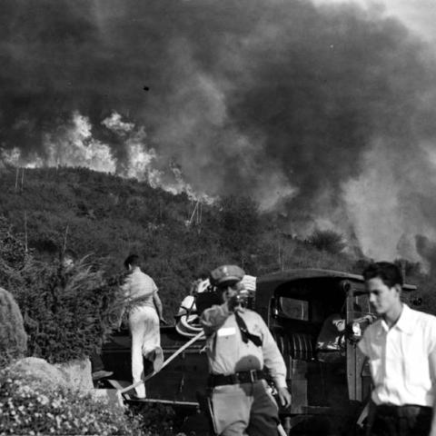 Officer Harold Coombs of the Glendale Police Department at the Indian Springs Road fire, 1945, GPL112 