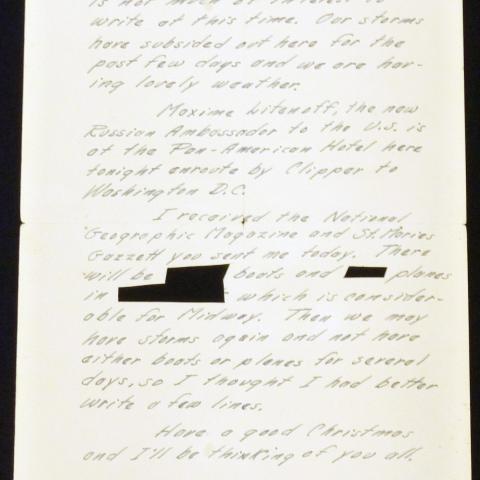 Inside of greeting card from Midway Islands, 1941, James Sefton World War II Correspondence Collection