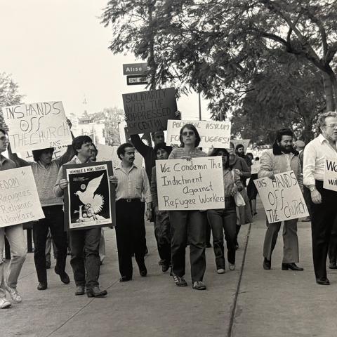 Image from collection selected by Student Assistant, Jenesy: A group of American protestors with signs supporting refugees, undated.