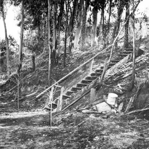 A fire in Tujunga near the gravel mining operation leaves the charred remnants of a stairway, ca. 1950s, LLHS232