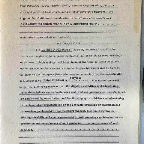 Pan Pacific Auditorium Lease Agreement from the 1956 Union Products and Services Show