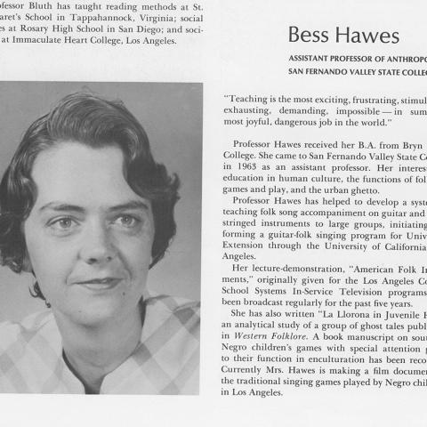 Bess Lomax Hawes, Associate Professor of Anthropology was honored with the Distinguished Teaching Award in 1968 by the California State Colleges. Digital Collections ID: RG01-04ms001.