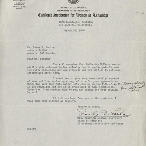 Letter from Emily D. Latham to Lotus H. Loudon regarding Catherine McKenna, March 28, 1940
