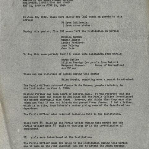 Report of the State Parole Officer Emily D. Latham, California Institution for Women, Page 1 of 2, May 21, 1940 to June 18, 1940