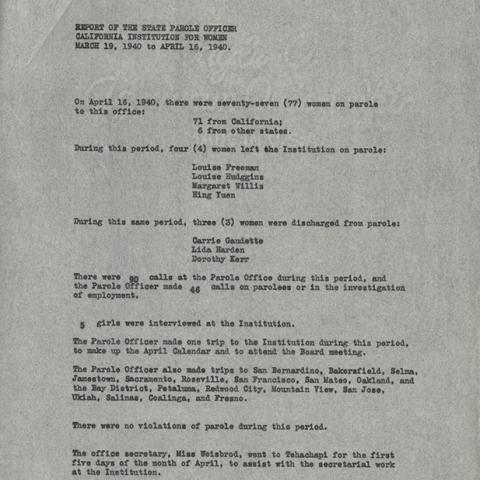 Report of the State Parole Officer Emily D. Latham, California Institution for Women, Page 1 of 4, March 19, 1940 to April 16, 1940