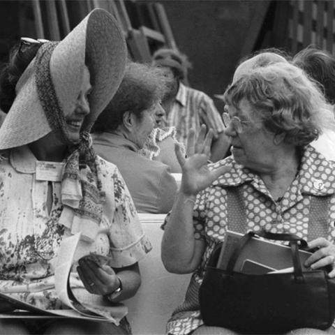 Professor Bess Lomax Hawes (pictured left) with popularly known anthropologist Margaret Mead in discussion at conference.  Digital Collections ID: BLH001.