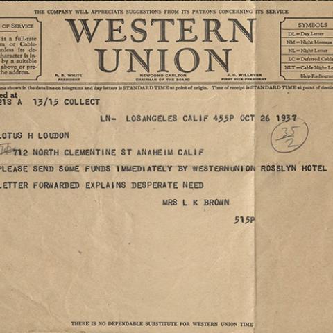 Telegram from Mrs. L.K. Brown to Lotus H. Loudon, October 26, 1937