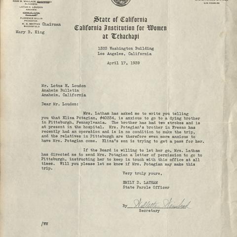 Letter from Emily D. Latham to Lotus H. Loudon regarding Eliza Potegian, April 17, 1939
