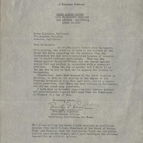 Letter from Emily D. Latham to Lotus H. Loudon regarding Caroline Decker, Louise Todd, and Mrs. Wallace, April 24, 1937